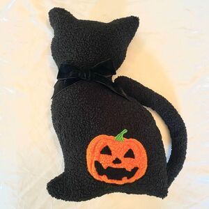 Spooky Halloween Black Cat Pumpkin Pillow Fuzzy Large Cat With Bow Tie
